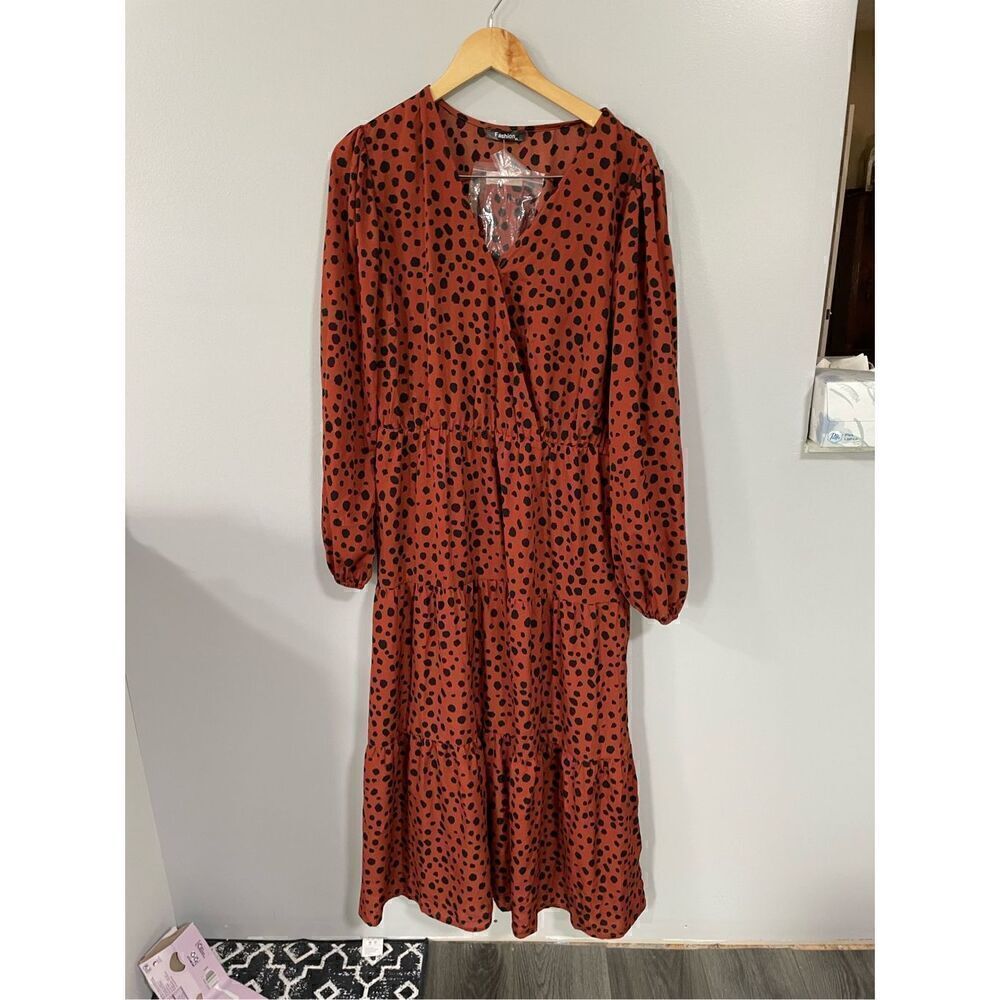 Brand New Fashion Women’s XL Orange Red Animal Print V Neck Maxi Dress